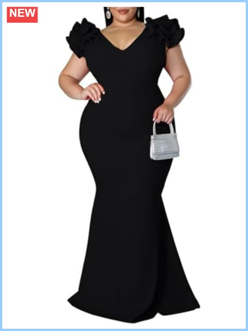 Plus Size Mermaid Maxi Dress V Neck Ruffle Sleeve Bodycon Gown Formal